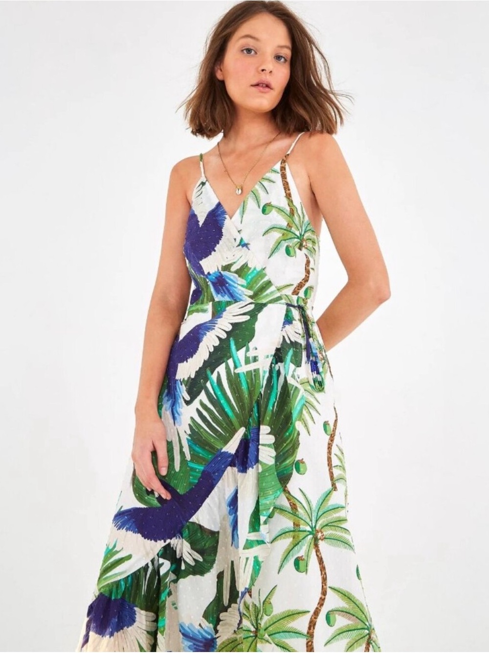 FARM Rio White Maxi Dress with Green Palm & Blue Parrot Print. NWT